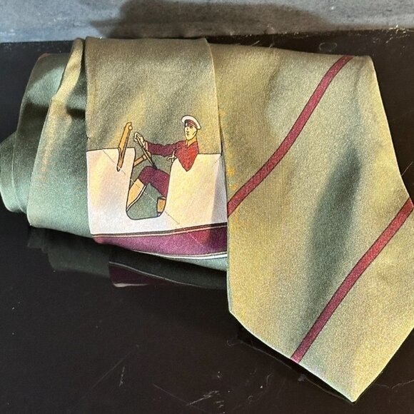 Claude Montana Silk Tie Retro Mid Century Modern Yacht Green Sailing Captain - Picture 5 of 7